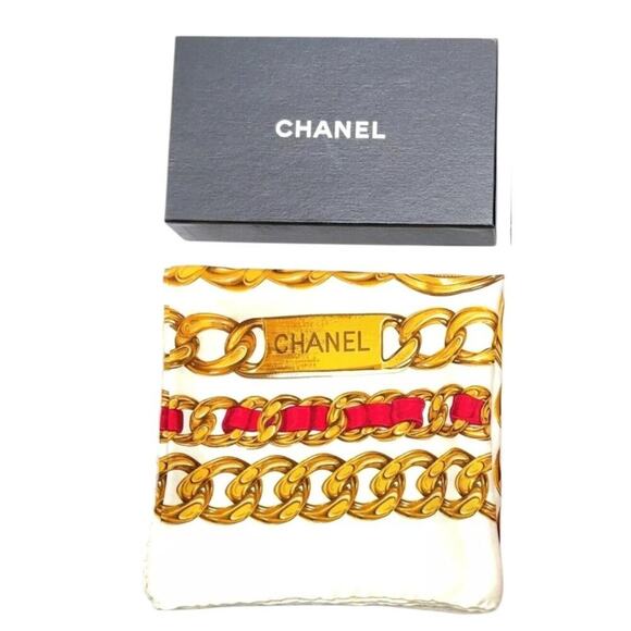 CHANEL Coco Mark Ivory x Multicolor Chain Pattern Square Silk Scarf /W Box - Picture 1 of 11